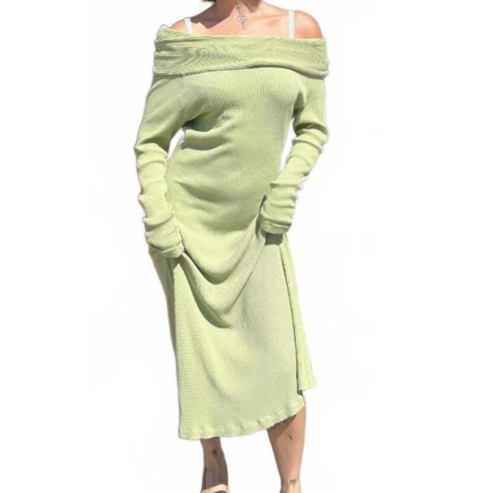 Mara Hoffman Emery Dress In Celery Ribbed Off The Shoulder Bodycon Size Large - Picture 3 of 3